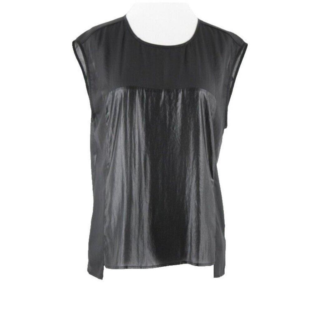 7 For All Mankind $169 Sz S Black High Shine Split Blouse 100% Poly Top